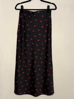 a new day Black Maxi Skirt with Red Lip Print